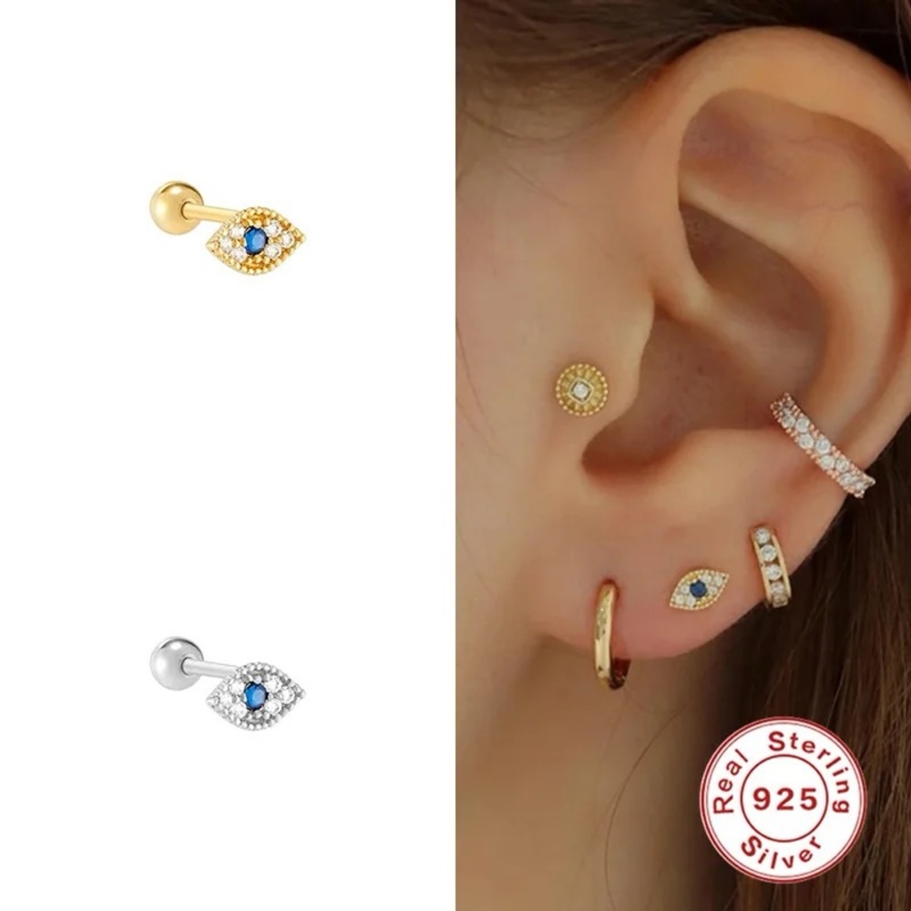 $79 NEW- Evil Eye Sterling silver Gold Plated Ball Back Nap earring Earrings